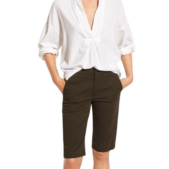 Vince Womens 8 Coin Pocket Pinon Green Bermuda Shorts Linen Blend - Picture 1 of 7